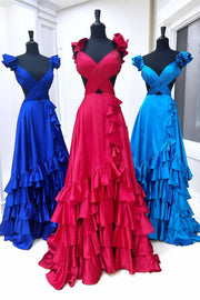 Red Cutout Ruffle A-Line Long Prom Dress with Slit