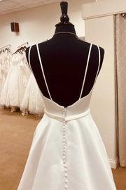 Elegant Satin Spaghetti Straps Backless Long Wedding Dress