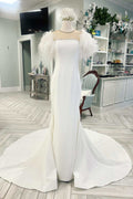 White Feather Illusion Neck Mermaid Long Court Bridal Gown