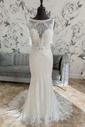 White Lace Bateau Open Back Mermaid Long Sweep Wedding Dress