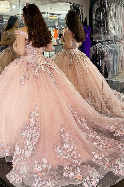 Glitter Pink 3D Floral Lace Off-the-Shoulder Dress