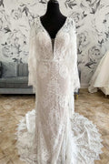 White Lace Plunge V Bell Sleeves Mermaid Long Wedding Dress