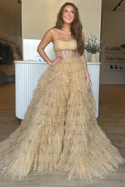 Pink Strapless Tulle Sequin A-Line Prom Gown