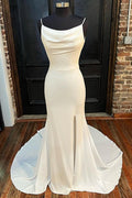 White Cowl Neck Backless Mermaid Long Sweep Wedding Dress, Slit