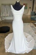 White Cowl Neck Open Back Sleeveless Mermaid Long Wedding Dress