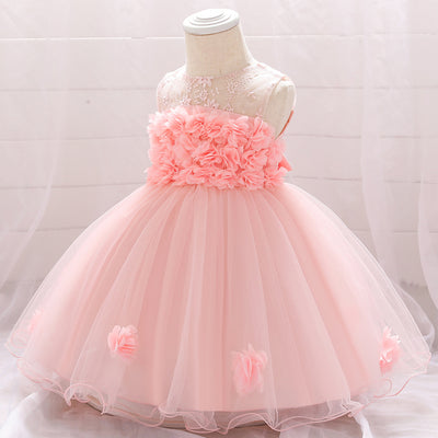 Бальное платье без рукавов с цветочным принтом и фатиновым свадебным платьем для маленьких девочек, наряды на первый день рождения