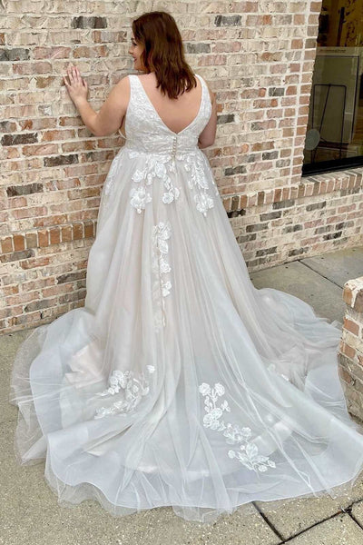 White Floral Lace Plunge Neck A-Line Bridal Gown