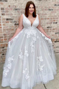 White Floral Lace Tulle Plunge Neck A-Line Long Sweep Bridal Gown