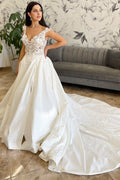 White Lace Satin Off Shoulder V Neck Long Court Bridal Gown, Slit