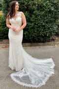 White Lace Illusion Neck Sleeveless Mermaid Long Bridal Gown