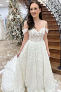 White Floral Lace Cold-Shoulder A-Line Long Sweep Bridal Gown