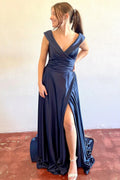 A-Line Navy Charmeuse Surplice V Neck Long Formal Dress, Slit