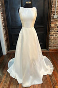 White Satin Bateau Bow V Back Sleeveless A-Line Wedding Dress