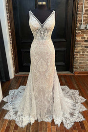 Beige Lace V-Neck Backless Mermaid Long Wedding Dress