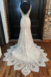 Beige Lace V-Neck Backless Mermaid Long Wedding Dress