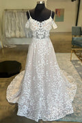 A-Line Ivory Lace Tulle Cold-Shoulder V Back Long Court Wedding Dress