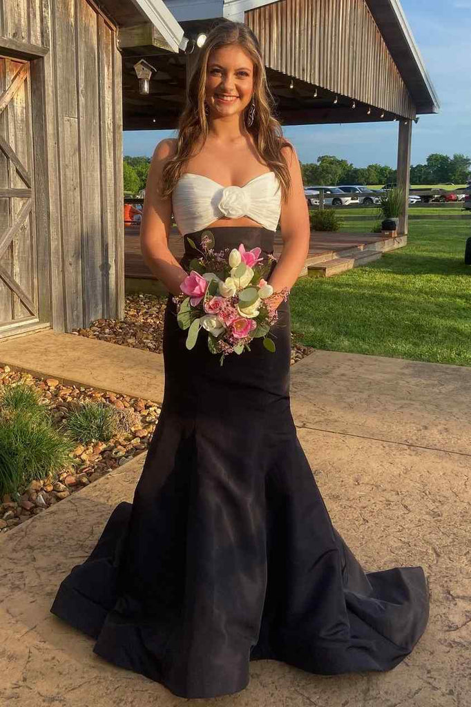 Strapless Mermaid Bow Sleeveless Satin Long Formal Prom Dress with Tra - Princessly Strapless Mermaid Bow Sleeveless Satin Long Formal Prom Dress with Tra - Princessly