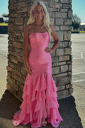 Pink Strapless Scoop Tiered Sleeveless Long Formal Dress, Slit