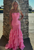 Robe de bal longue formelle rose bustier à volants superposés, sans manches, fendue