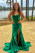 Green Strapless Mirror-Cut Sequins Mermaid Long Prom Dress, Slit