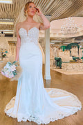 White Lace Satin Strapless Mermaid Long Court Wedding Dress, Buttons