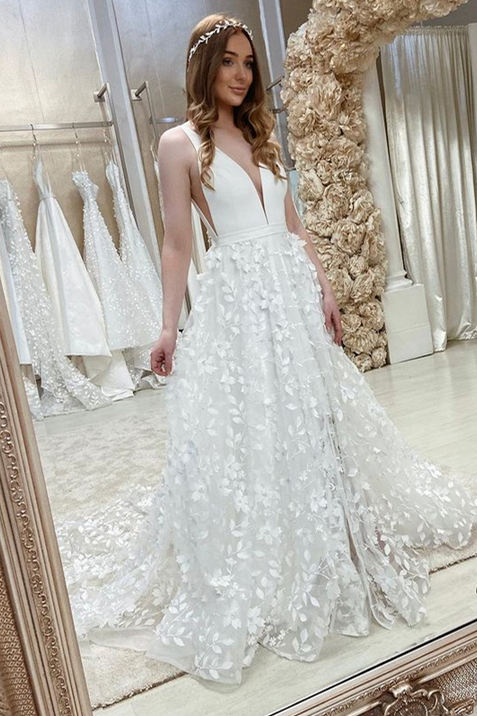 White Satin Plunging Sleeveless 3D Flowers V Back Wedding Dress