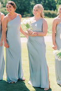 Dusty Sage One-Shoulder Sheath Long Bridesmaid Dress, Slit