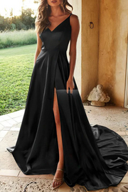 V-Neck A-Line Satin Pleated Long Formal Dress with Slit