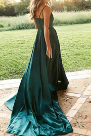 V-Neck A-Line Satin Pleated Long Formal Dress with Slit