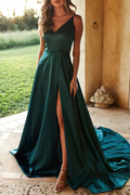 leeveless V-Neck A-Line Satin Pleated Long Sweep Formal Dress, Slit