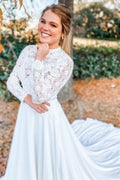 White Lace High Collar Long Sleeve Long Court Wedding Dress, Buttons