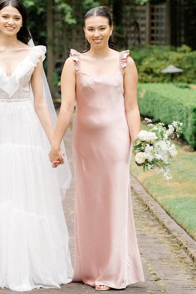 Plush Pink Flutter Sleeve Backless Long Dress