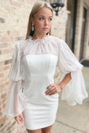White High-Collar Long Sleeve Short Gown