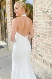White Halter Mermaid Long Wedding Dress with Slit