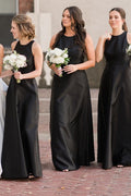 Black Round Neck Cutout Back A-Line Long Bridesmaid Dress