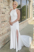 Mermaid White Satin Halter Sleeveless Long Wedding Dress, Slit