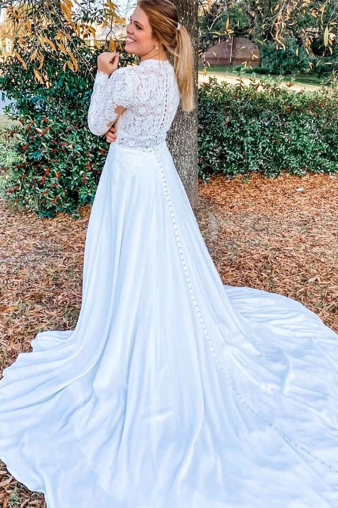 White Lace High Collar Long Sleeve Long Court Wedding Dress, Buttons White Lace High Collar Long Sleeve Long Court Wedding Dress, Buttons