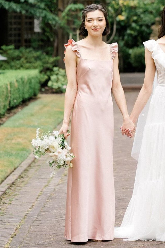 Plush Pink Flutter Sleeve Square Neck Backless Long Bridesmaid Dress