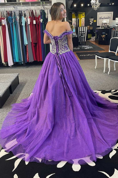 Princess Purple Beaded Off-the-Shoulder Ball Gown