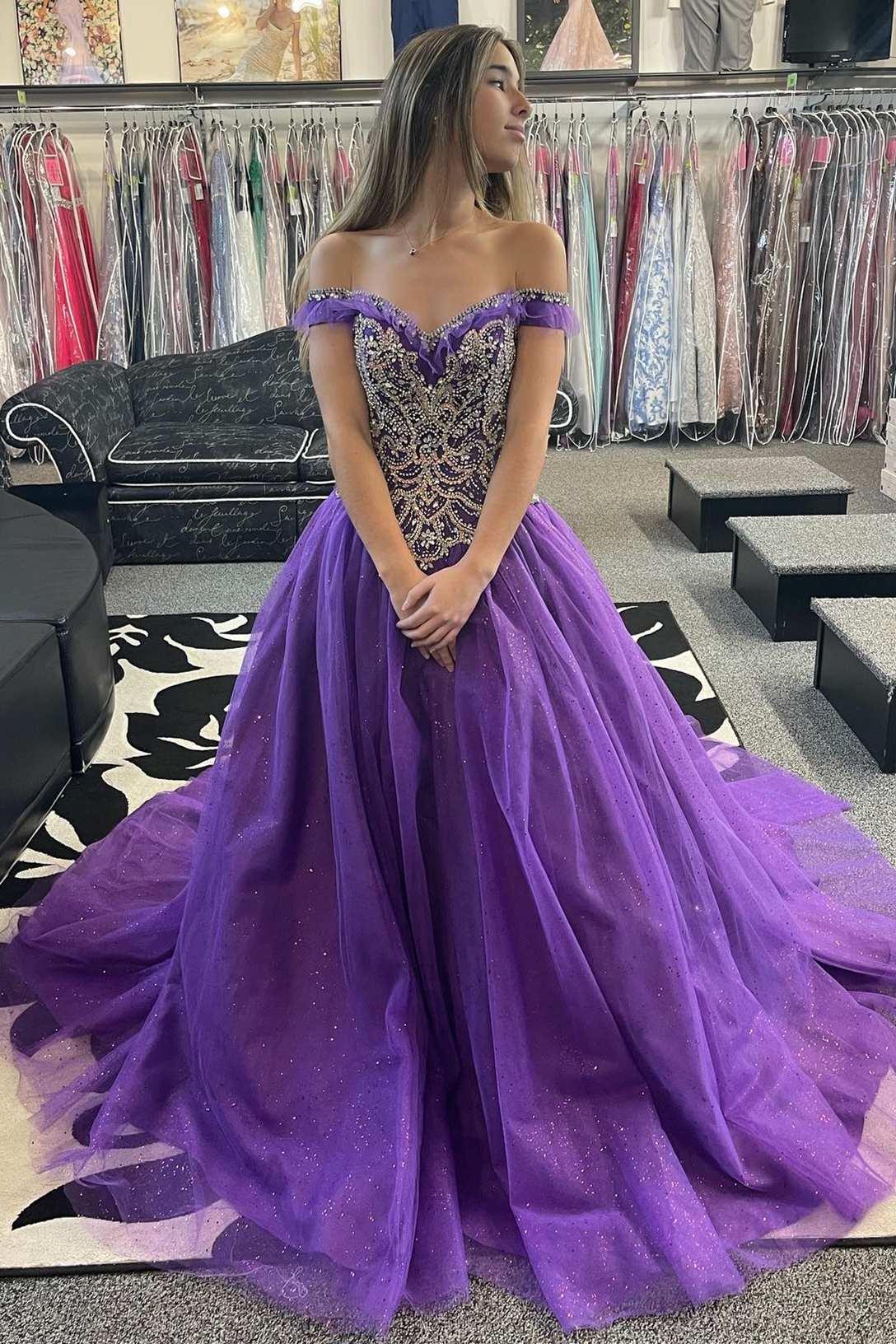 Princess Purple Beaded Off Shoulder Ball Gown Quinceanera Dress