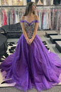 Princess Purple Beaded Off Shoulder Ball Gown Quinceanera Dress