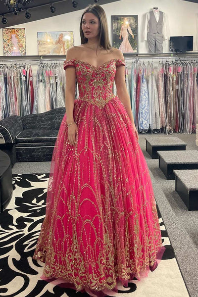 Off-the-Shoulder Red Sequin Lace Ball Gown