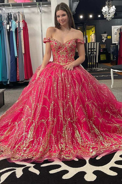 Off-the-Shoulder Red Sequin Lace Ball Gown