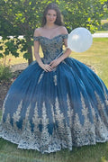 Sparkly Navy Blue Off Shoulder Sweetheart Ball Gown Quinceanera Dress