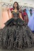 Robe de quinceañera noire à épaules dénudées, superposition en dentelle et jupe boule