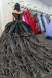 Black Appliques Off-the-Shoulder Ball Gown