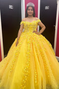 Yellow Off Shoulder Sweetheart Ball Gown Quinceanera Dress, 3D Floral Lace