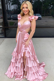 Red Cutout Ruffle A-Line Long Prom Dress with Slit