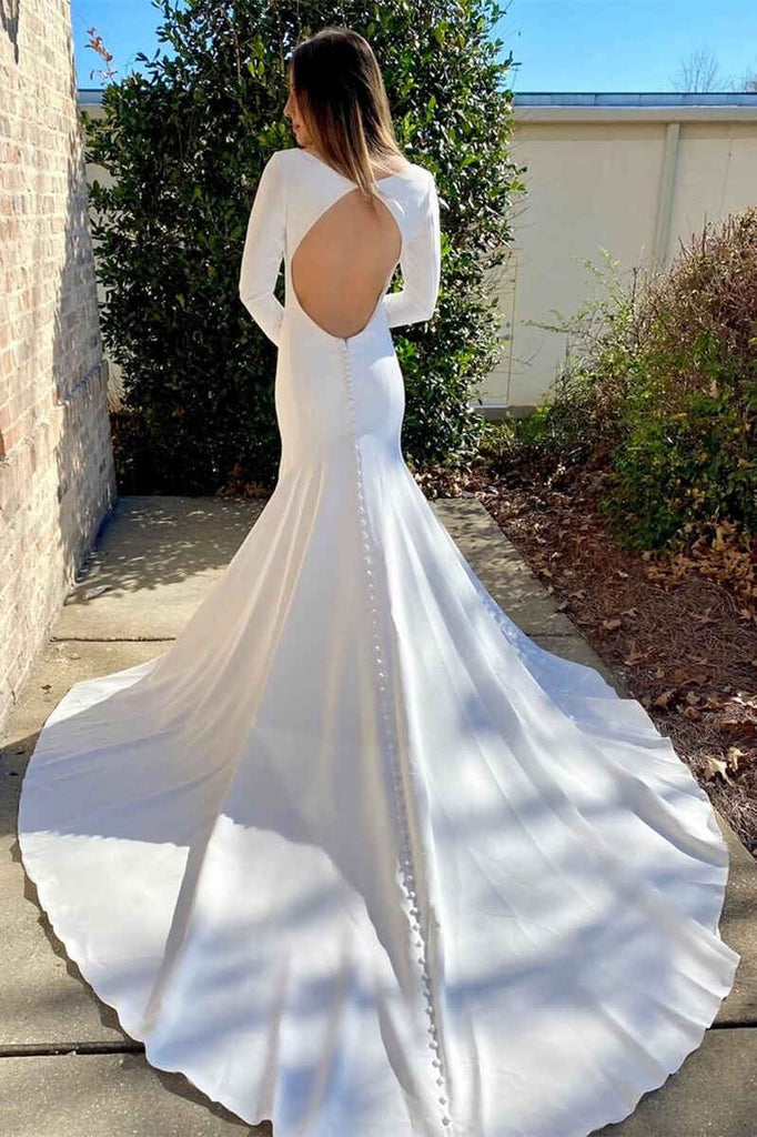 White V-Neck Open Back Long Sleeve Mermaid Court Wedding Dress - Princessly White V-Neck Open Back Long Sleeve Mermaid Court Wedding Dress - Princessly
