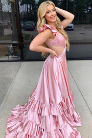 Red Cutout Ruffle A-Line Long Prom Dress with Slit